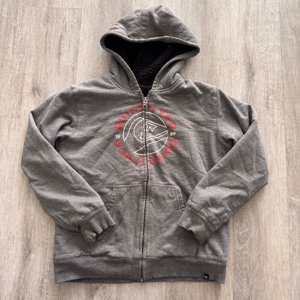 Y2K Quiksilver Kids Gray Sherpa‎ Lined Full Zip Hoodie Graphic Logo Size S 7/8